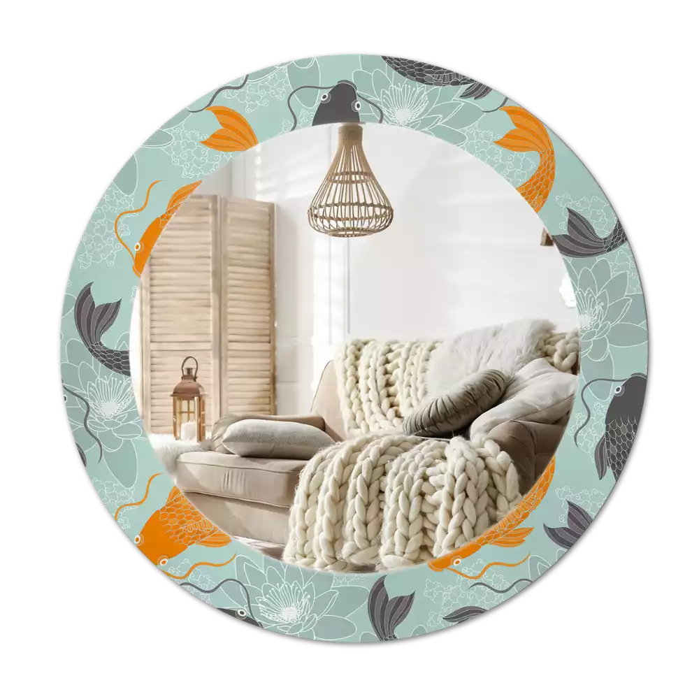 Lustro z okrągłą ramą i nadrukiem z karpiem koi