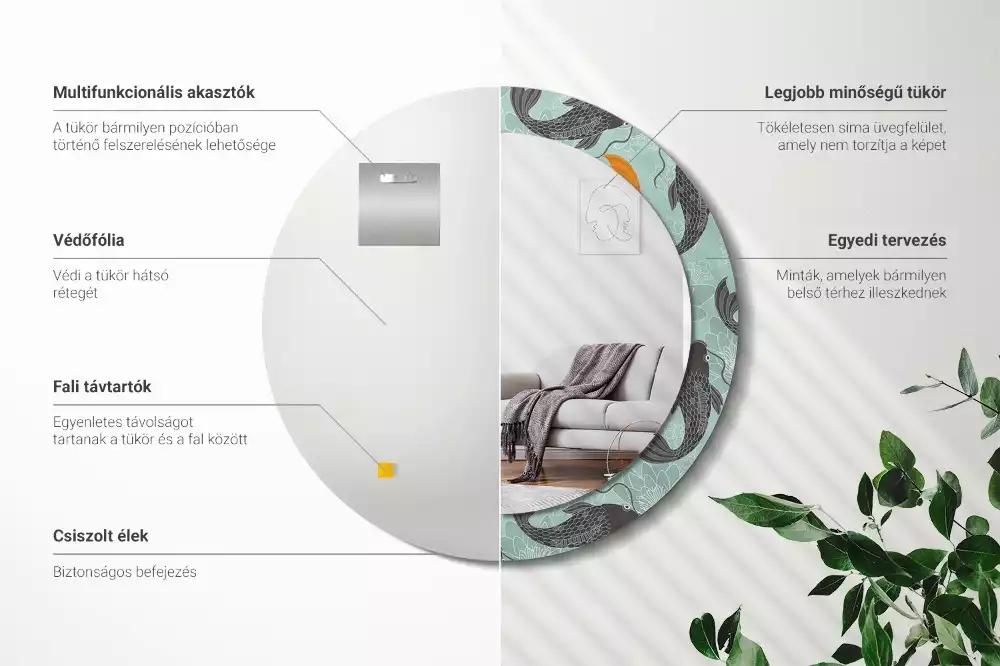 Lustro z okrągłą ramą i nadrukiem z karpiem koi