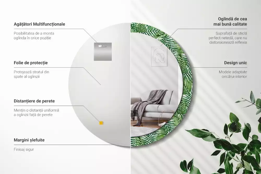 Lustro ścienne dekoracyjne w kształcie okręgu z motywem tropikalnej palmy