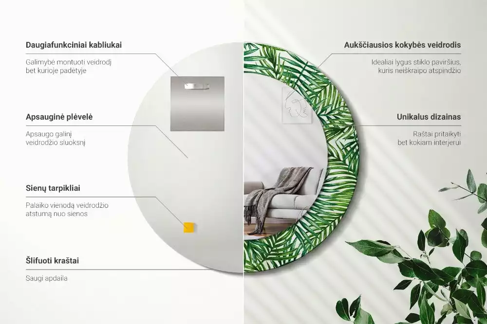 Lustro ścienne dekoracyjne w kształcie okręgu z motywem tropikalnej palmy