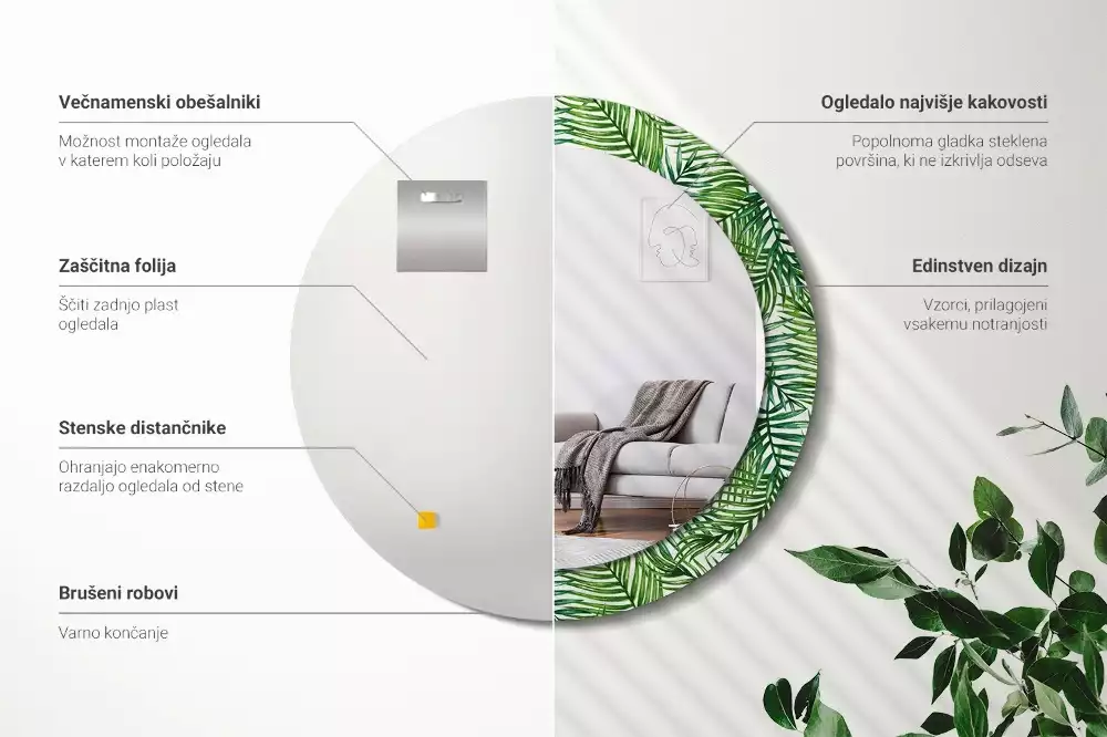 Lustro ścienne dekoracyjne w kształcie okręgu z motywem tropikalnej palmy