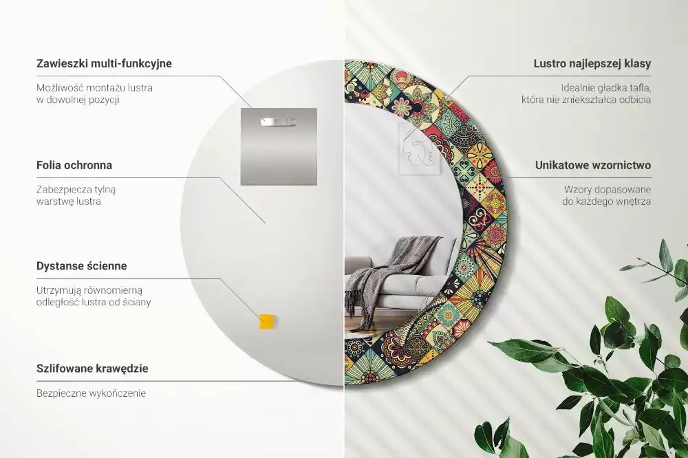 Lustro w ramie z nadrukiem, w okrągłym kształcie z motywem patchworkowych kafelków