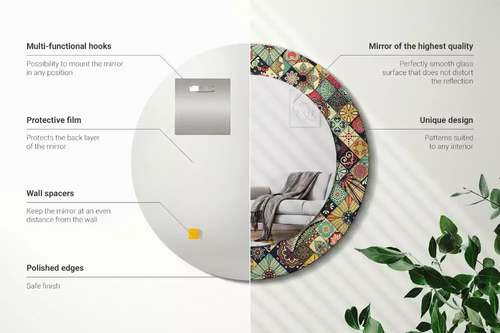 Lustro w ramie z nadrukiem, w okrągłym kształcie z motywem patchworkowych kafelków