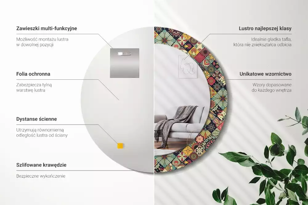 Lustro w ramie z nadrukiem, w okrągłym kształcie z motywem patchworkowych kafelków