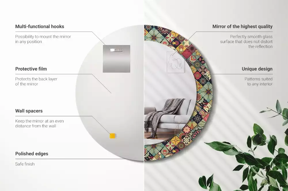 Lustro w ramie z nadrukiem, w okrągłym kształcie z motywem patchworkowych kafelków