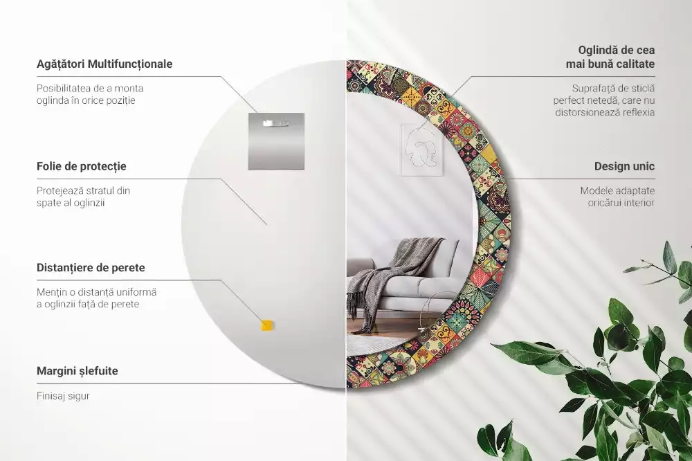 Lustro w ramie z nadrukiem, w okrągłym kształcie z motywem patchworkowych kafelków