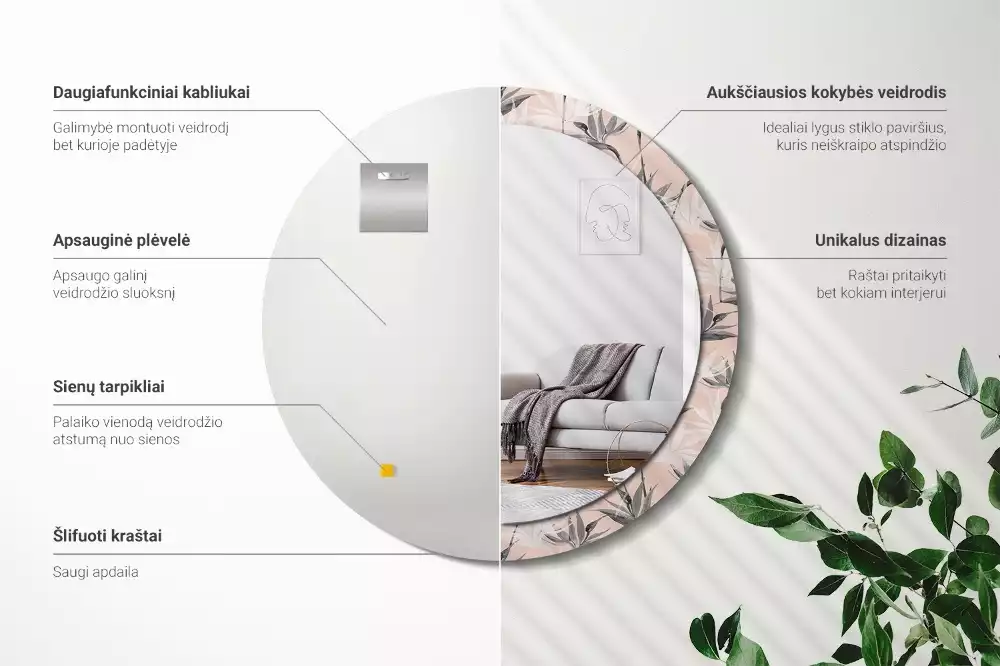 Lustro ścienne dekoracyjne w kształcie okręgu z motywem strelicji