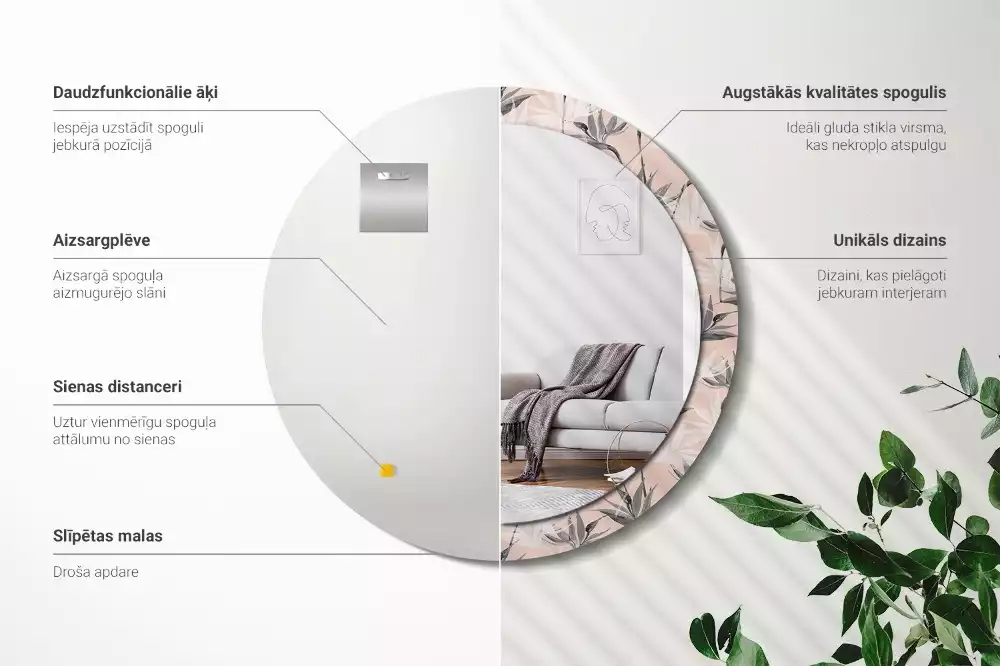 Lustro ścienne dekoracyjne w kształcie okręgu z motywem strelicji