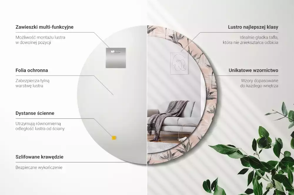 Lustro ścienne dekoracyjne w kształcie okręgu z motywem strelicji