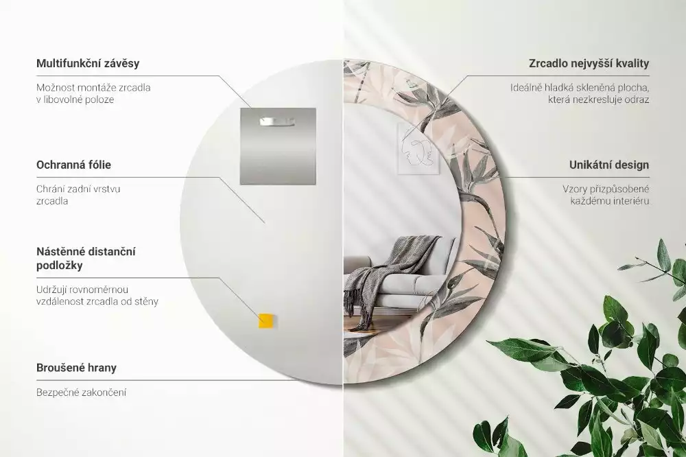 Lustro ścienne dekoracyjne w kształcie okręgu z motywem strelicji