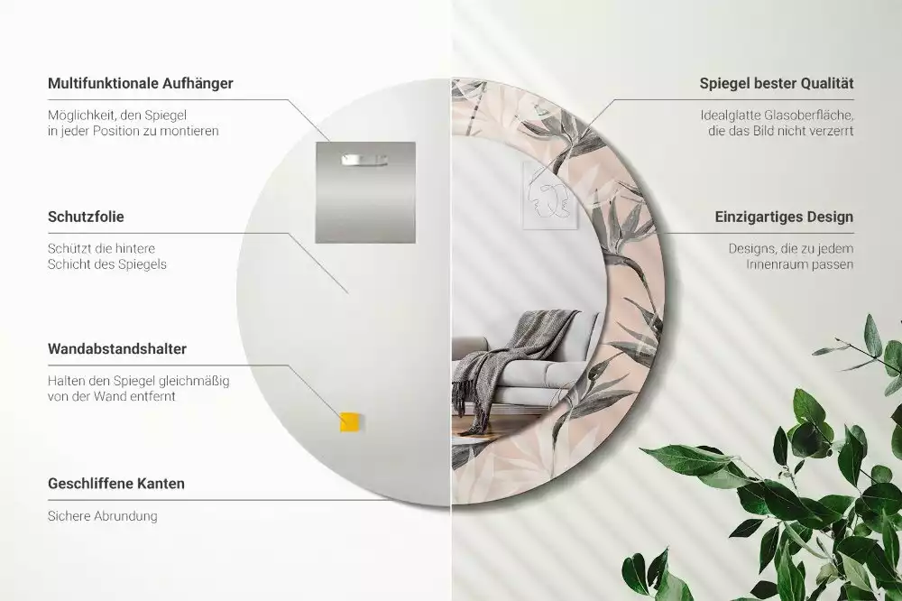 Lustro ścienne dekoracyjne w kształcie okręgu z motywem strelicji