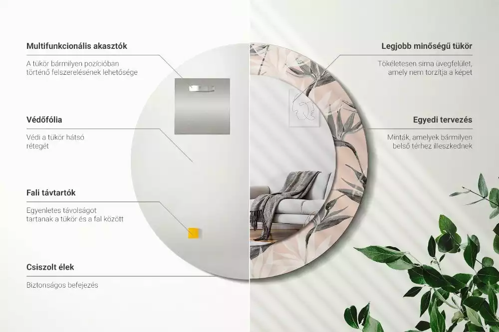 Lustro ścienne dekoracyjne w kształcie okręgu z motywem strelicji