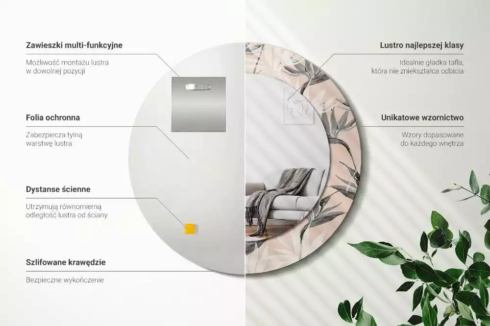 Lustro ścienne dekoracyjne w kształcie okręgu z motywem strelicji