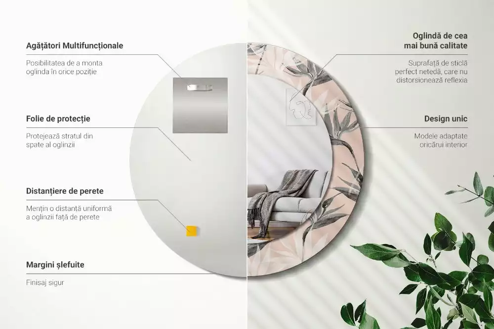 Lustro ścienne dekoracyjne w kształcie okręgu z motywem strelicji