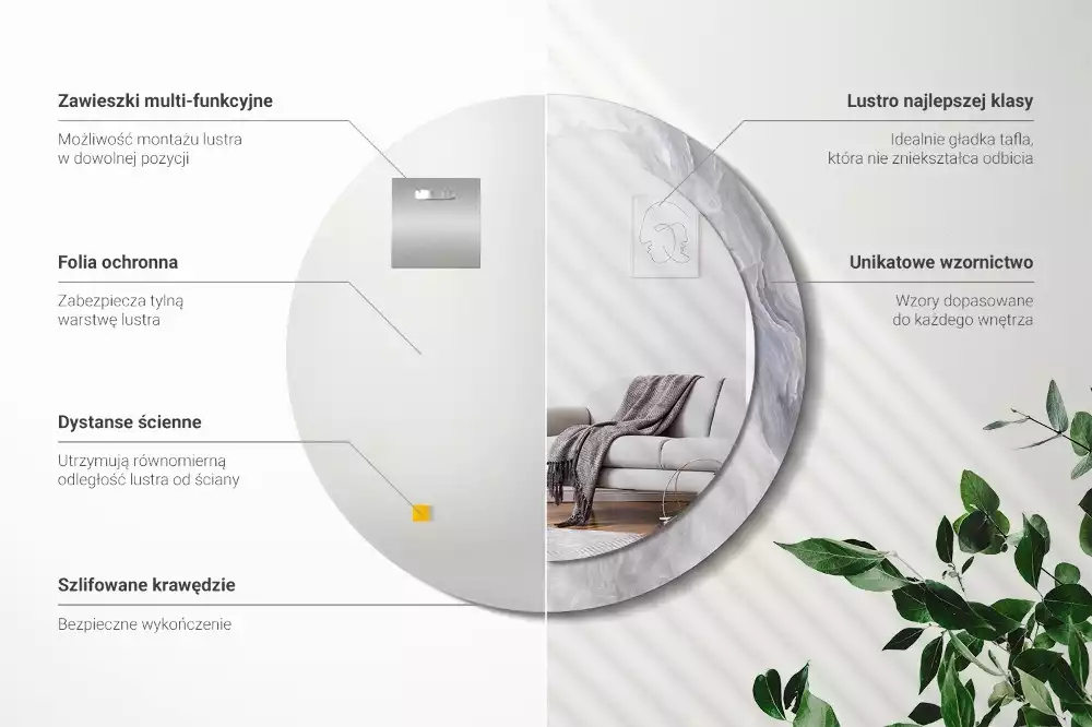 Lustro z okrągłą drukowaną ramką w motywie abstrakcyjnego marmuru