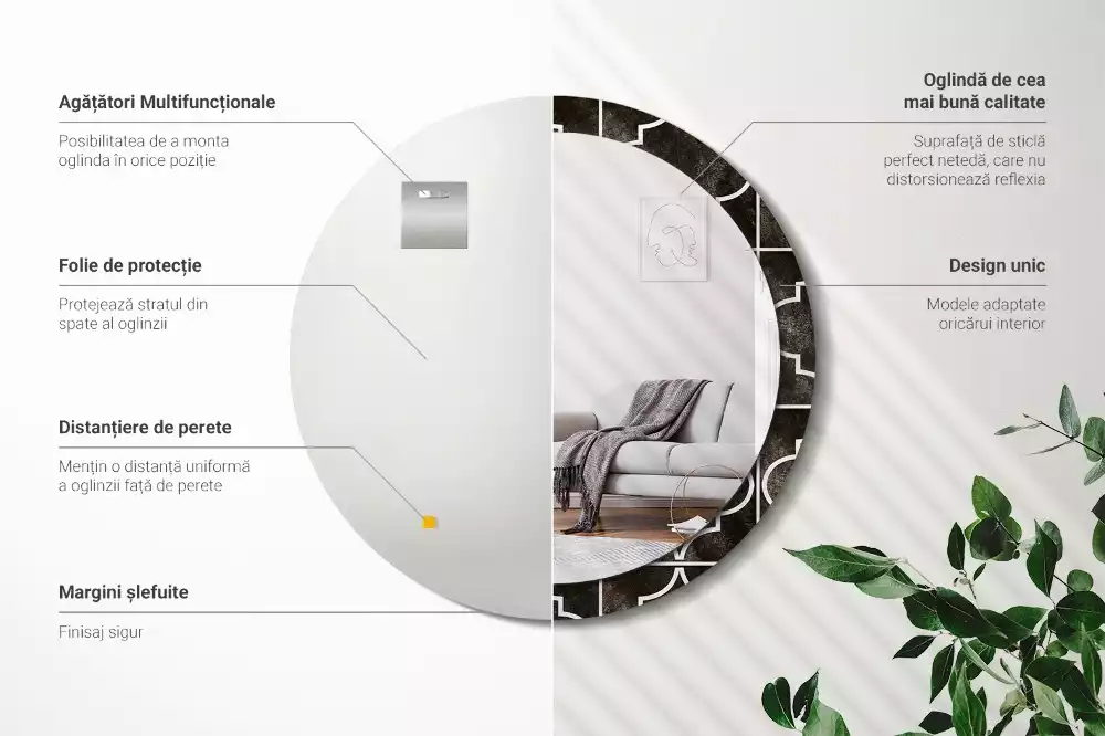 Lustro w ozdobnej ramie z nadrukiem w stylu antycznym o okrągłym kształcie