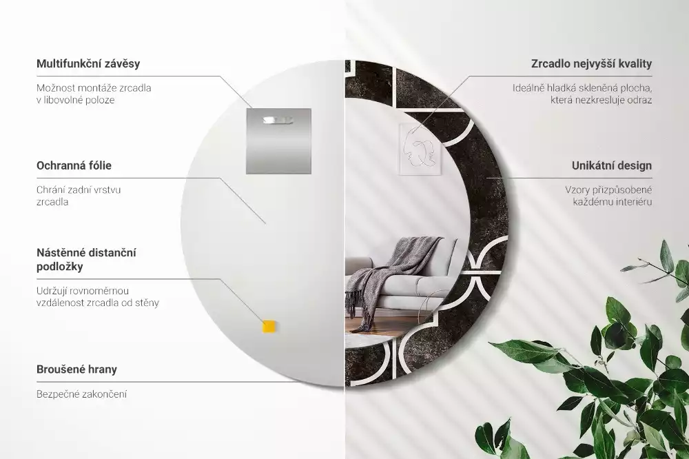 Lustro w ozdobnej ramie z nadrukiem w stylu antycznym o okrągłym kształcie