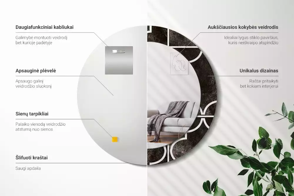 Lustro w ozdobnej ramie z nadrukiem w stylu antycznym o okrągłym kształcie