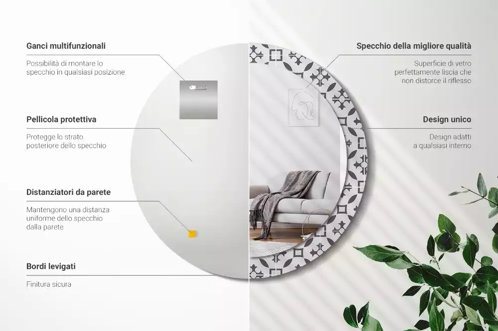 Lustro z drukowaną ramką w okrągłym kształcie z motywem kafelków