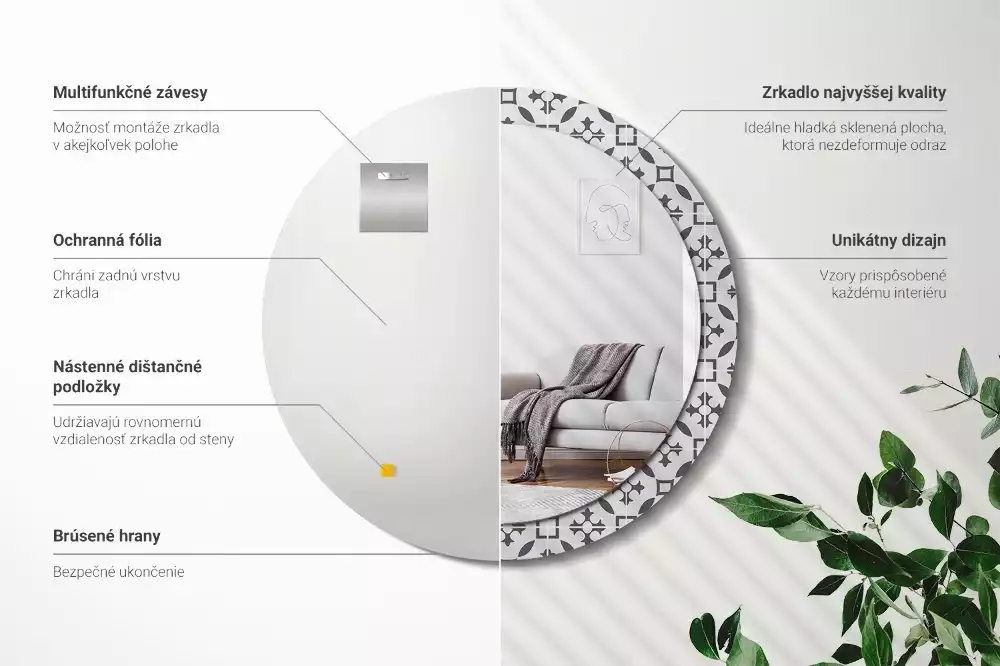 Lustro z drukowaną ramką w okrągłym kształcie z motywem kafelków