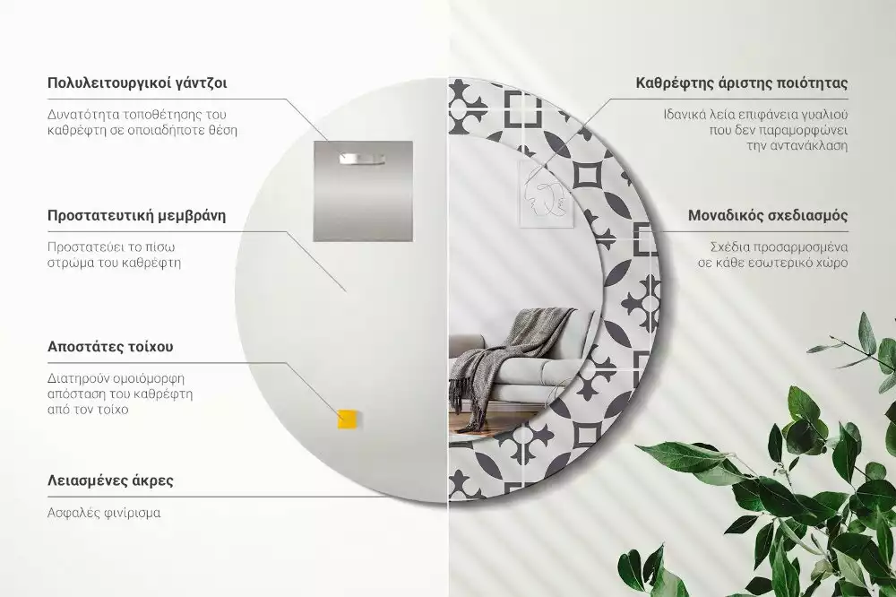 Lustro z drukowaną ramką w okrągłym kształcie z motywem kafelków