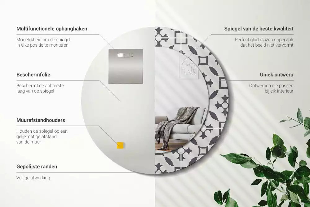 Lustro z drukowaną ramką w okrągłym kształcie z motywem kafelków