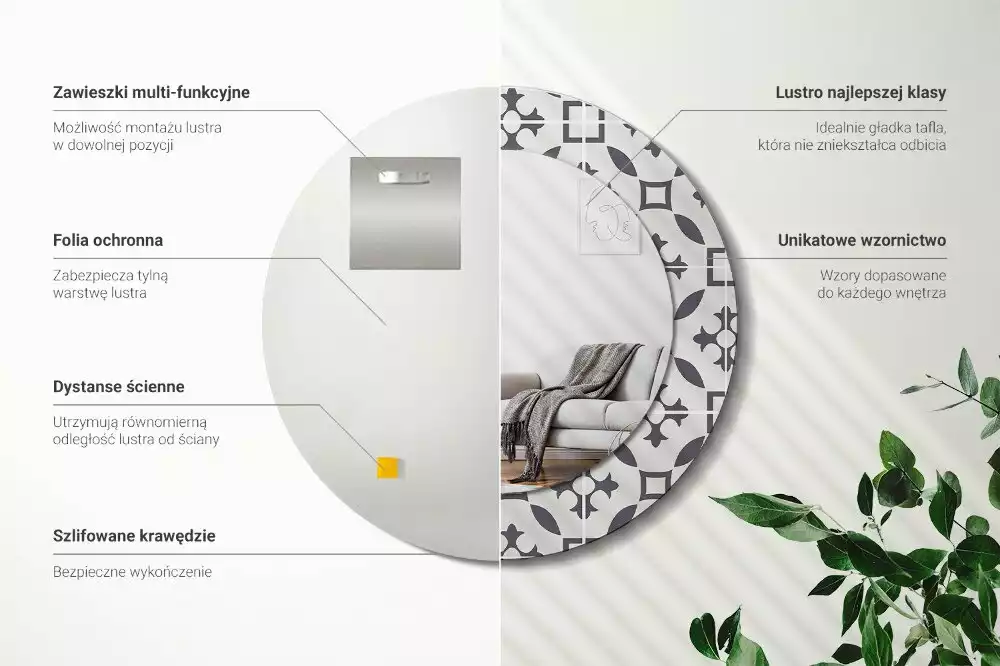 Lustro z drukowaną ramką w okrągłym kształcie z motywem kafelków