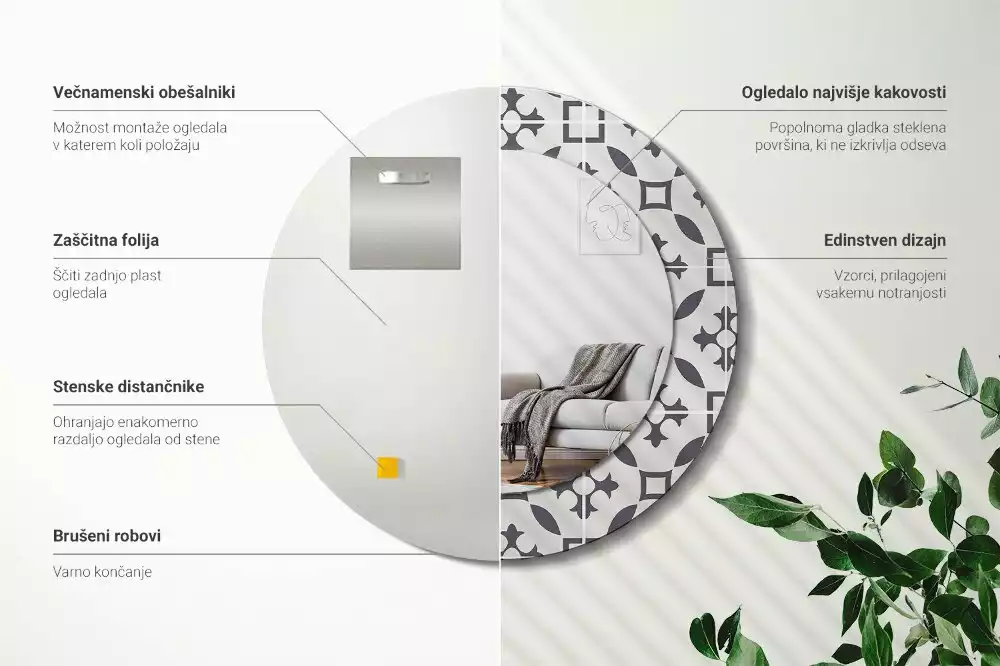 Lustro z drukowaną ramką w okrągłym kształcie z motywem kafelków
