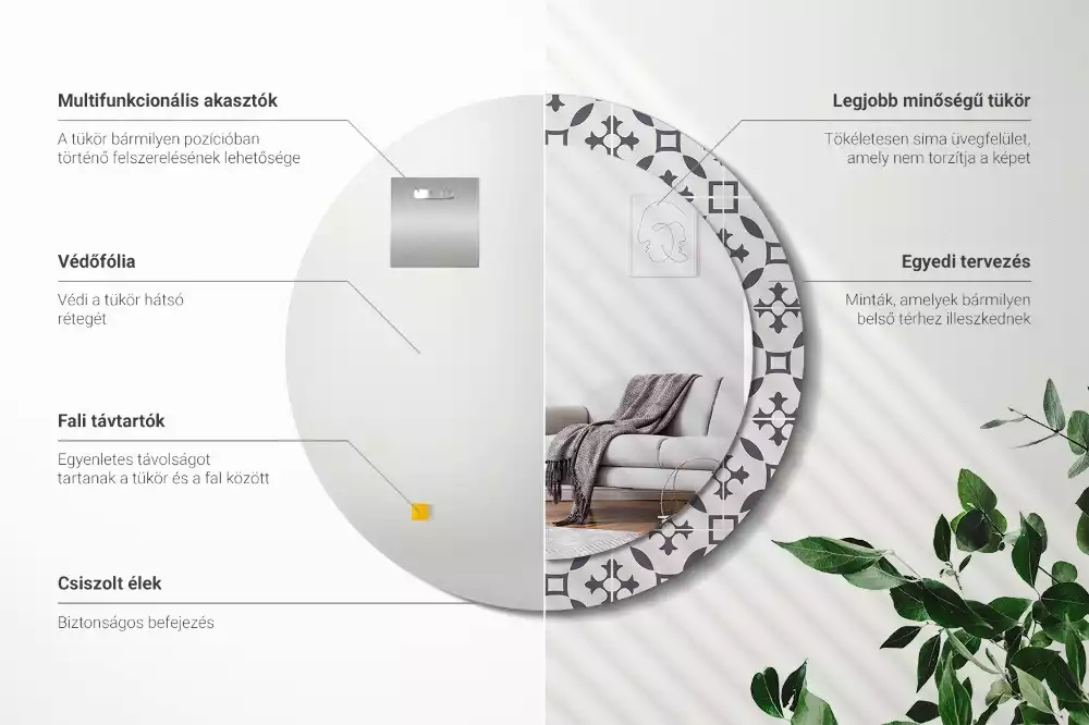 Lustro z drukowaną ramką w okrągłym kształcie z motywem kafelków