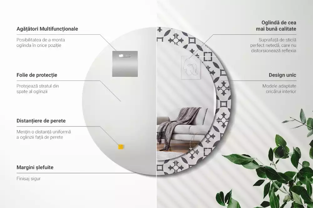 Lustro z drukowaną ramką w okrągłym kształcie z motywem kafelków