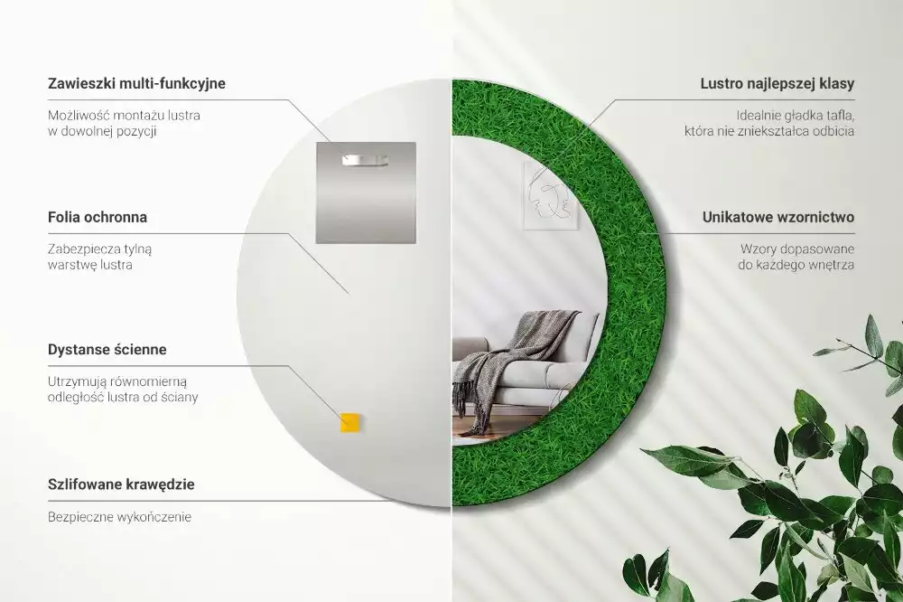 Lustro z drukowaną ramką w motywie zielonej trawy