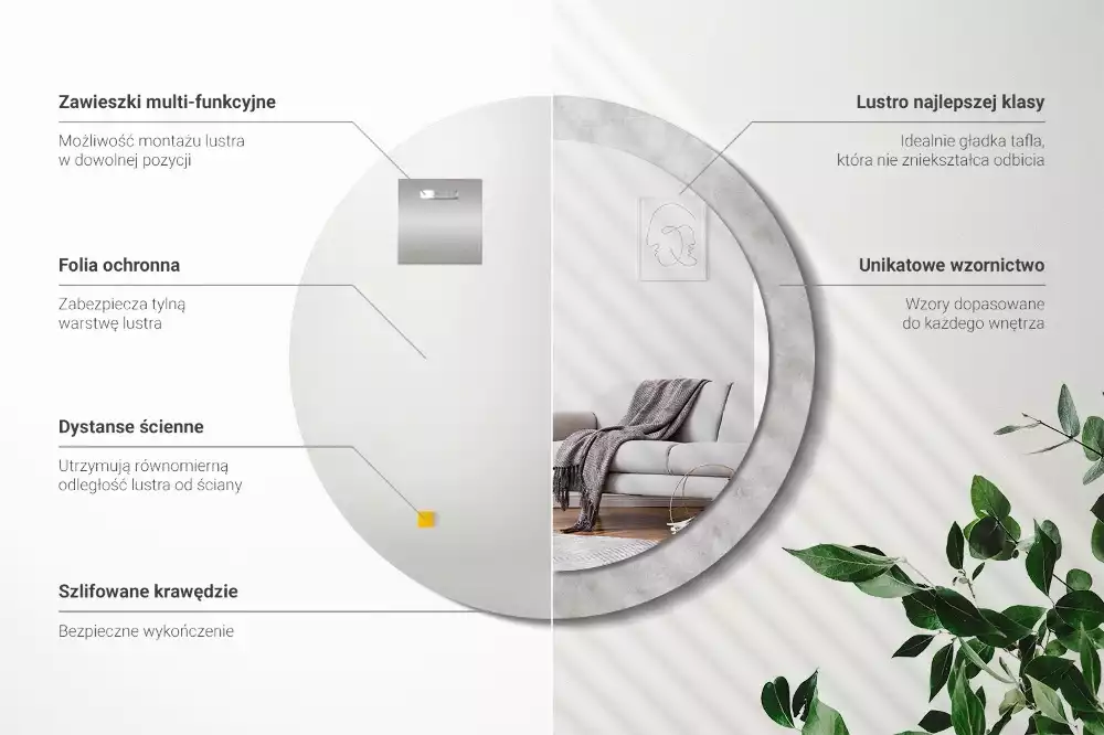 Lustro ścienne dekoracyjne w kolorze betonu z okrągłą ramą