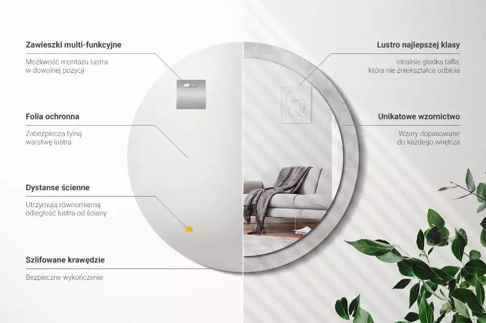 Lustro ścienne dekoracyjne w kolorze betonu z okrągłą ramą