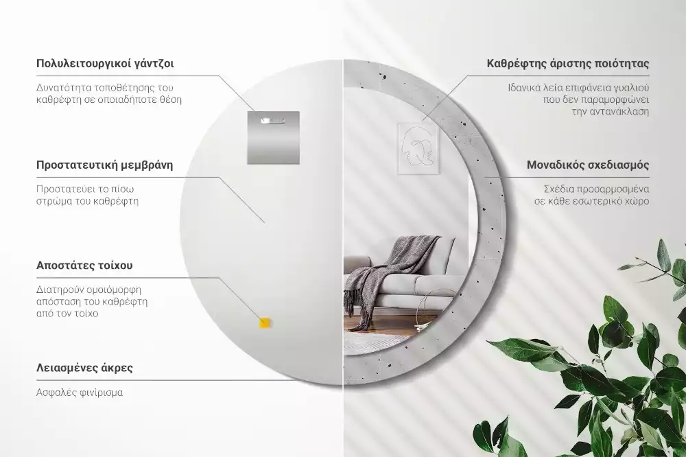 Lustro z okrągłą ramą z nadrukiem w teksturze betonu