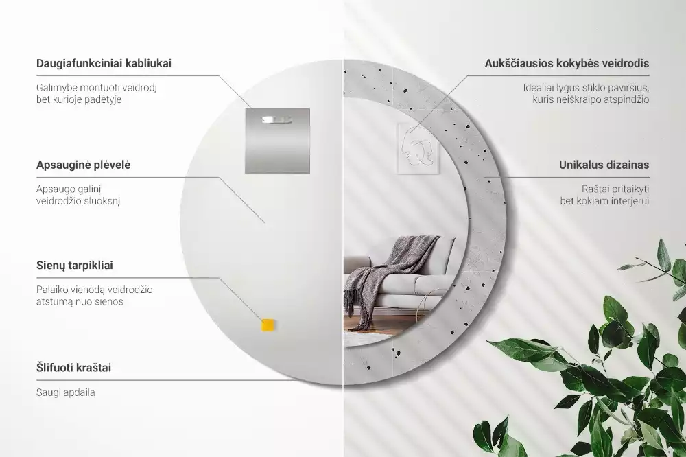 Lustro z okrągłą ramą z nadrukiem w teksturze betonu