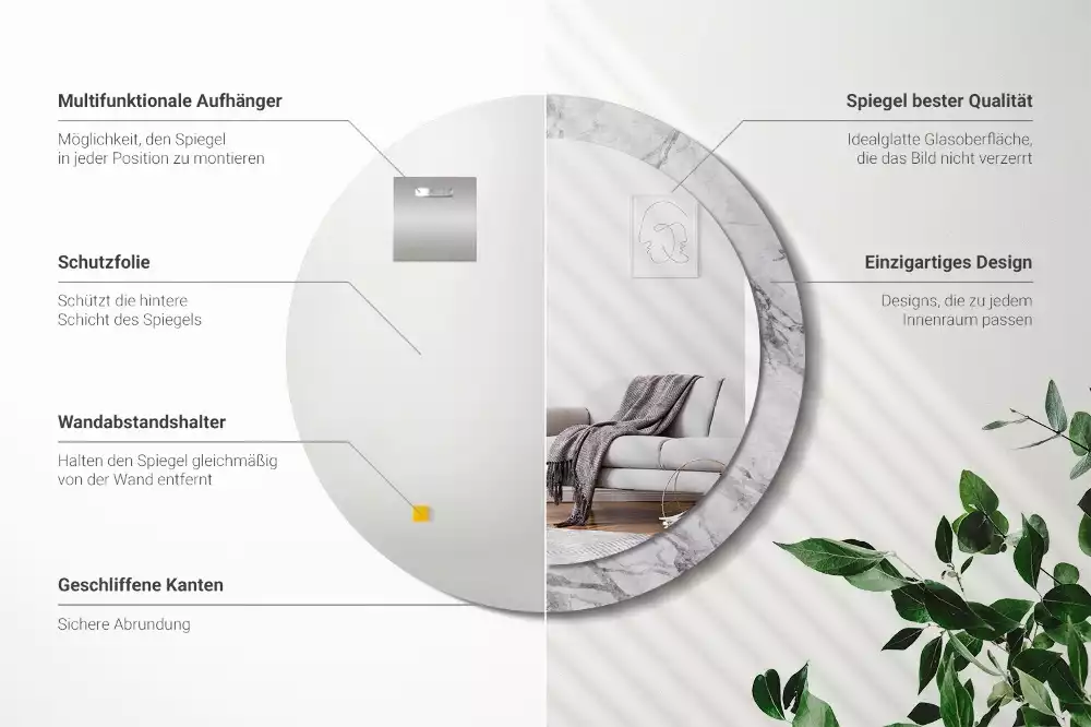 Lustro z ramą z nadrukiem w białym marmurze, w kształcie okręgu