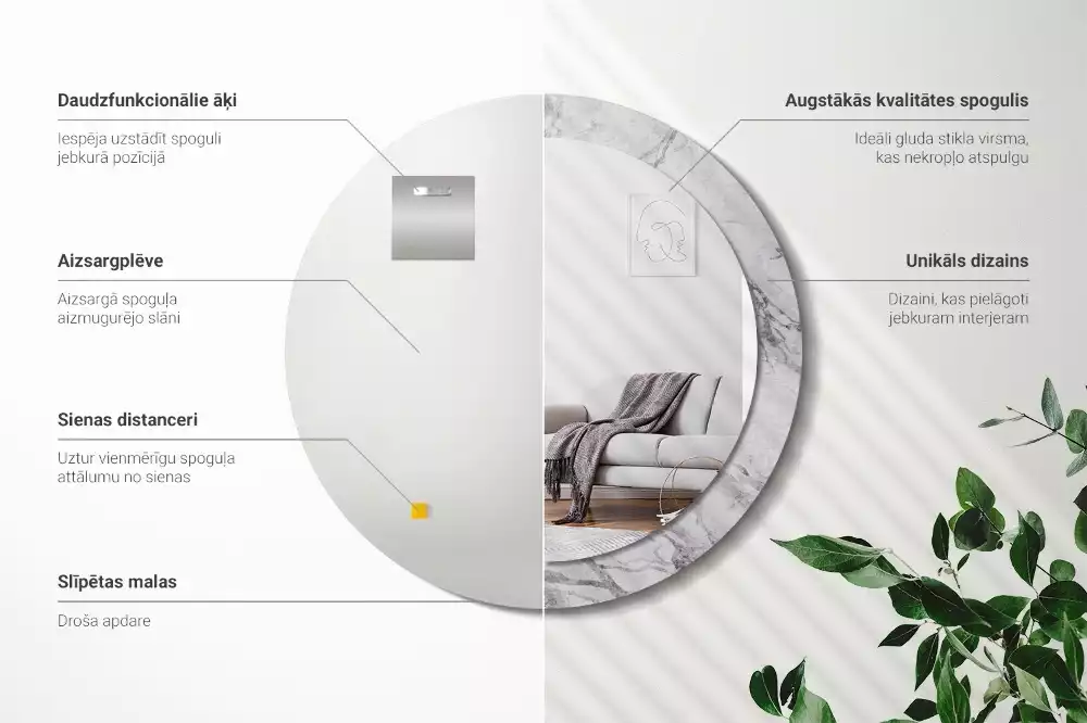 Lustro z ramą z nadrukiem w białym marmurze, w kształcie okręgu