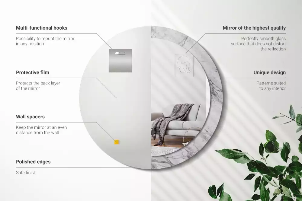 Lustro z ramą z nadrukiem w białym marmurze, w kształcie okręgu