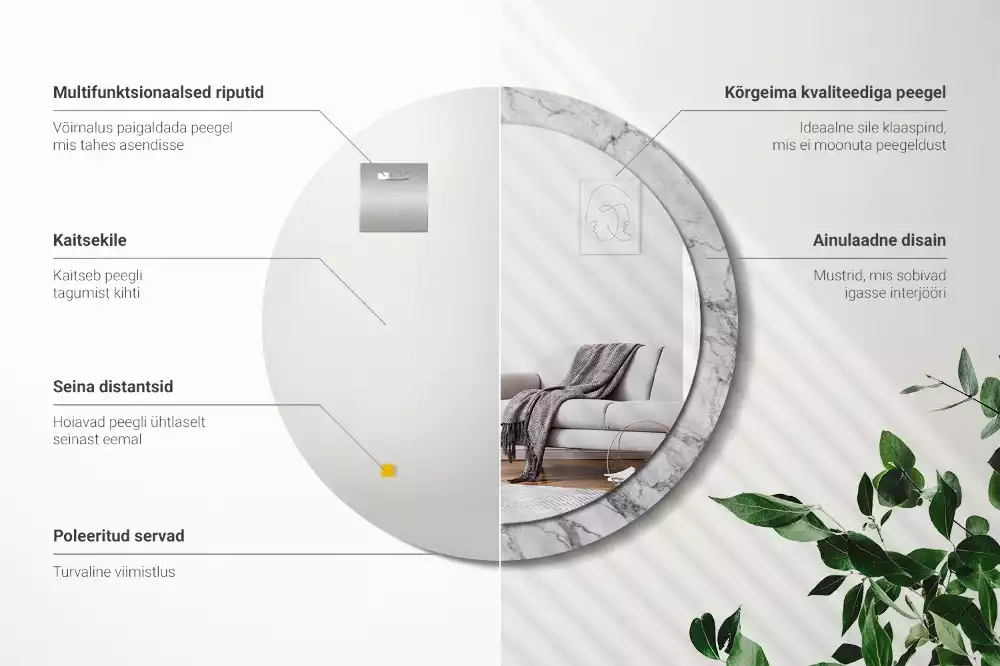 Lustro z ramą z nadrukiem w białym marmurze, w kształcie okręgu