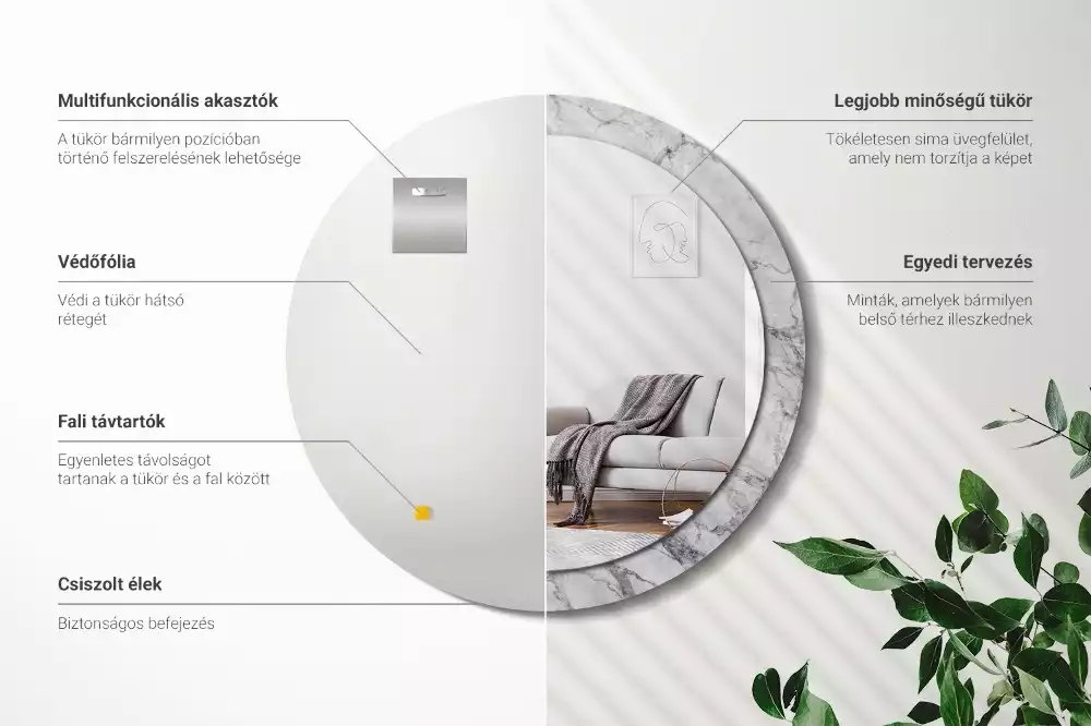 Lustro z ramą z nadrukiem w białym marmurze, w kształcie okręgu