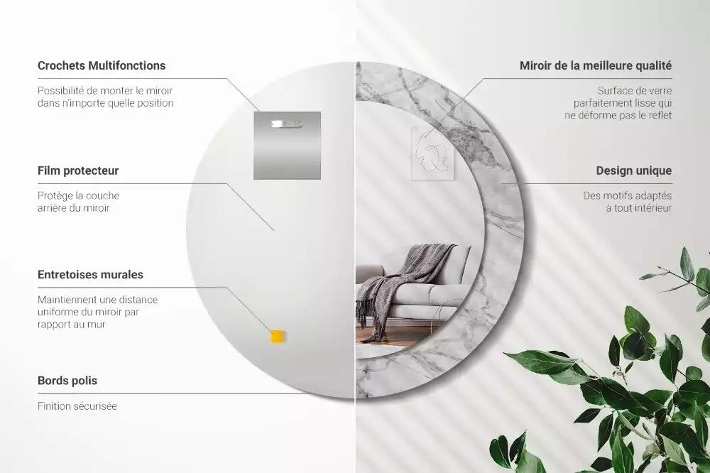 Lustro z ramą z nadrukiem w białym marmurze, w kształcie okręgu