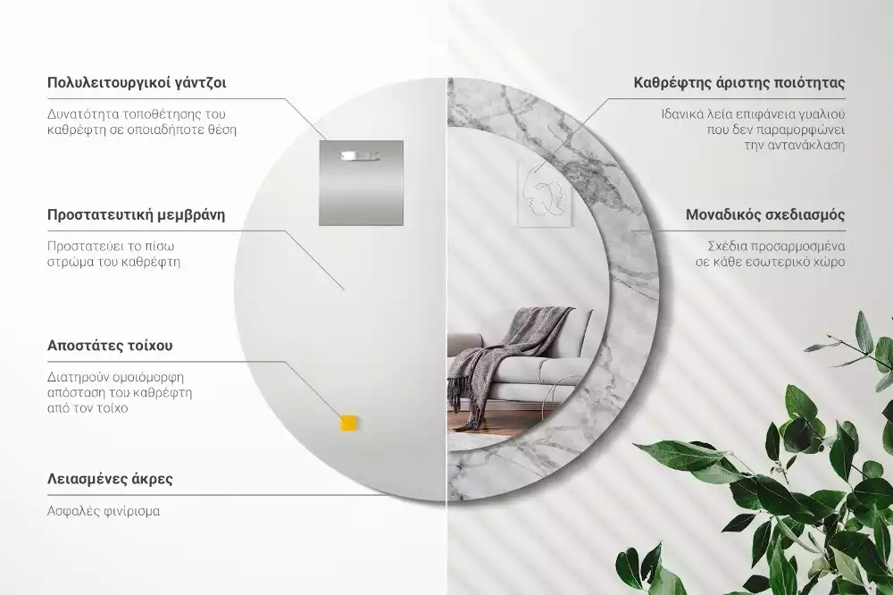 Lustro z ramą z nadrukiem w białym marmurze, w kształcie okręgu