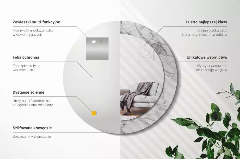 Lustro z ramą z nadrukiem w białym marmurze, w kształcie okręgu