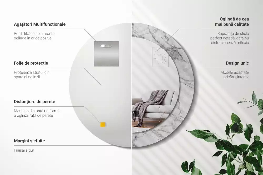 Lustro z ramą z nadrukiem w białym marmurze, w kształcie okręgu