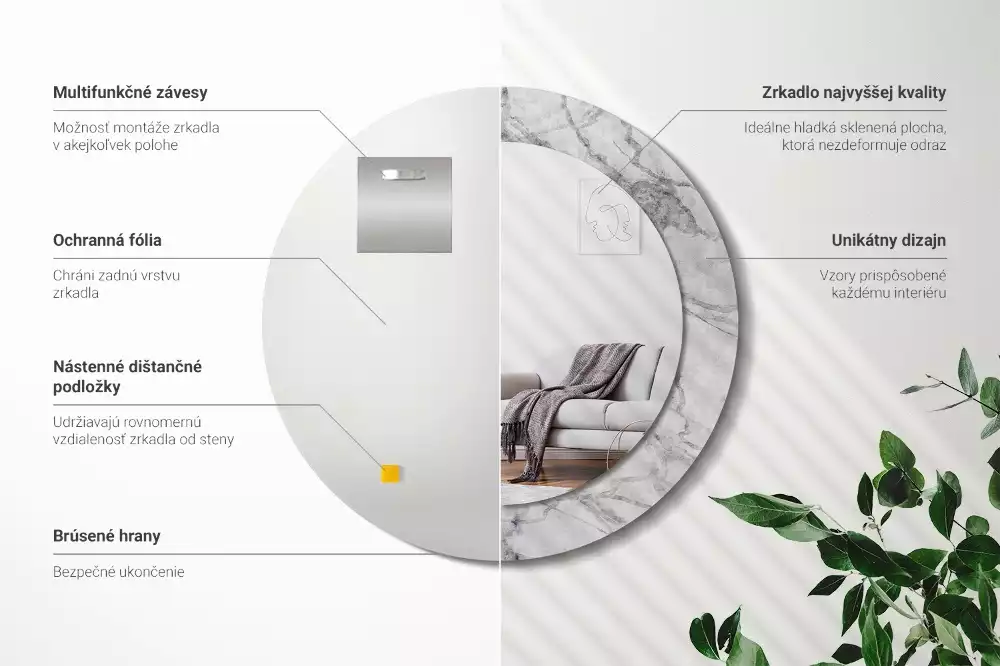 Lustro z ramą z nadrukiem w białym marmurze, w kształcie okręgu