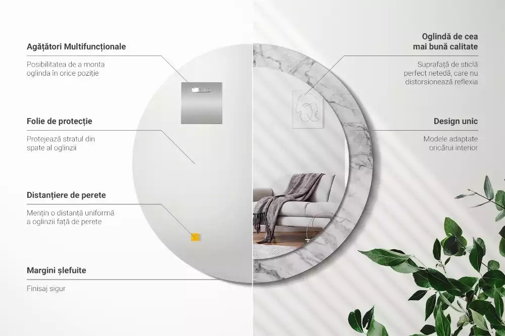 Lustro z ramą z nadrukiem w białym marmurze, w kształcie okręgu