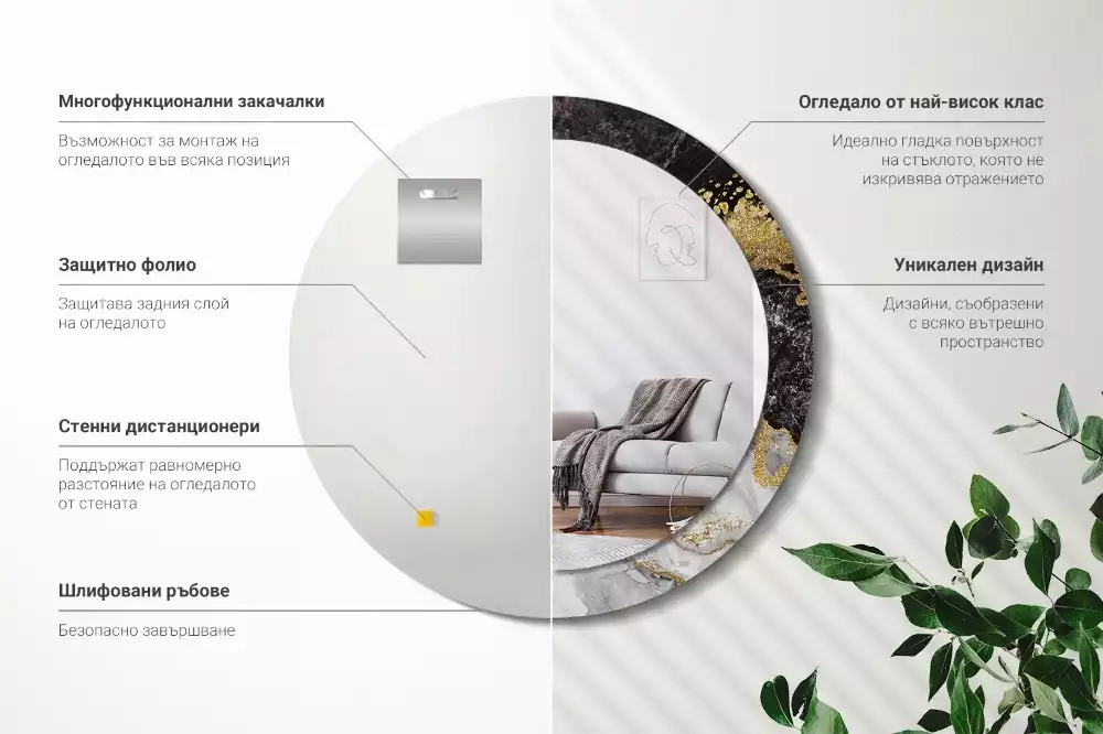 Lustro ścienne dekoracyjne w stylu loft z ramą w motywie czarnego marmuru, w wersji okrągłej