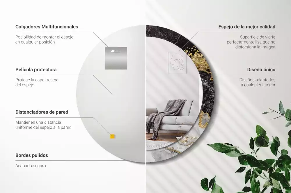 Lustro ścienne dekoracyjne w stylu loft z ramą w motywie czarnego marmuru, w wersji okrągłej