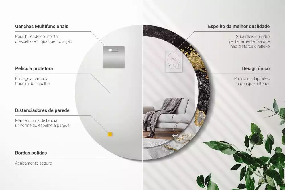 Lustro ścienne dekoracyjne w stylu loft z ramą w motywie czarnego marmuru, w wersji okrągłej