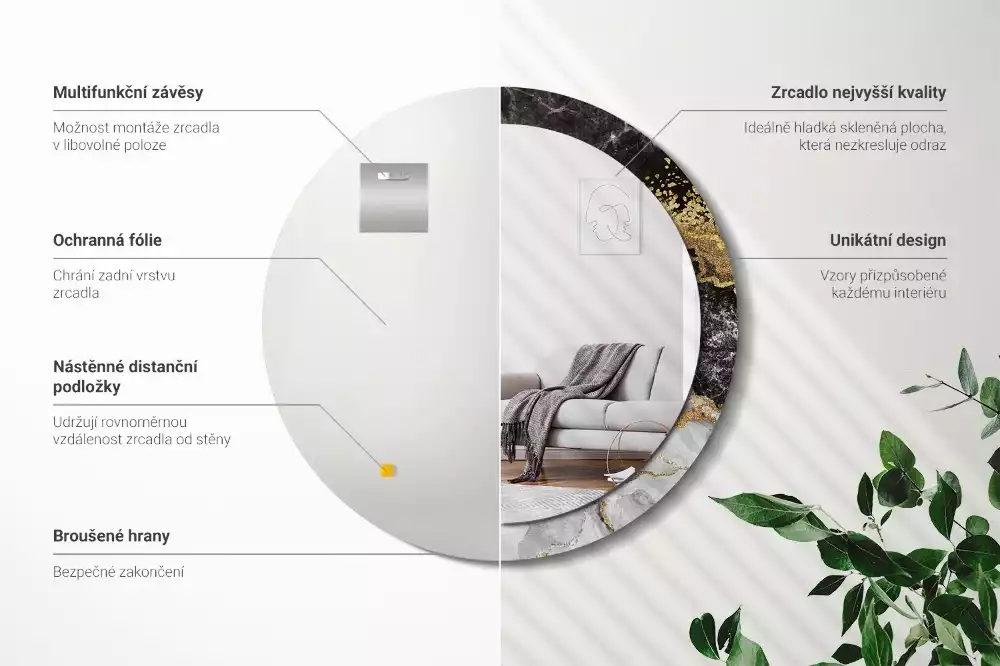 Lustro ścienne dekoracyjne w stylu loft z ramą w motywie czarnego marmuru, w wersji okrągłej